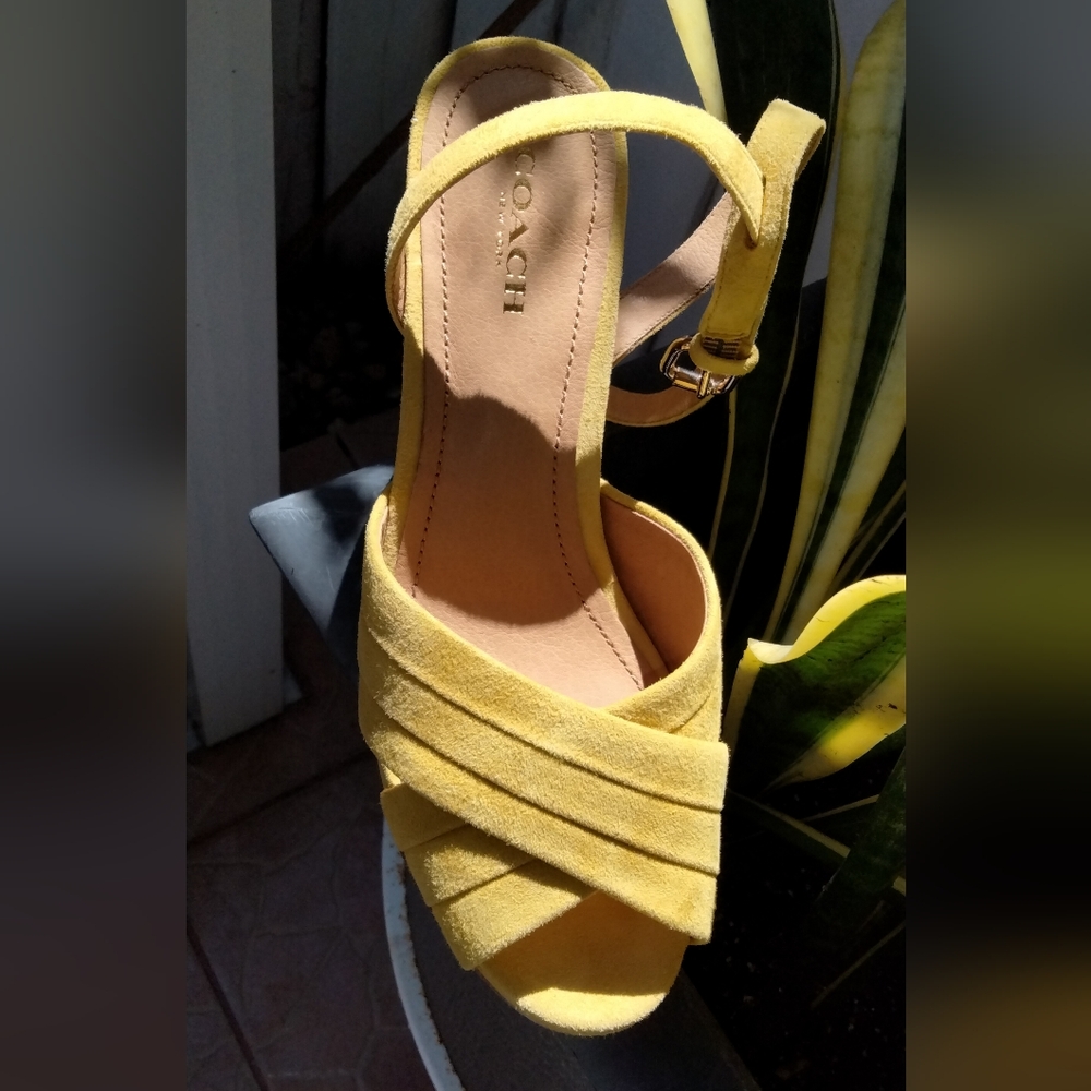 COACH Mustard Suede Crisscross Platform Sandals - Picture 2 of 4